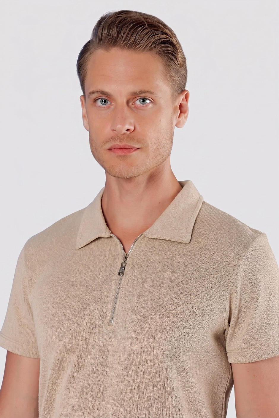 Slim Fit Pamuklu Fermuarlı Polo Yaka Bej Tişört Ts 871