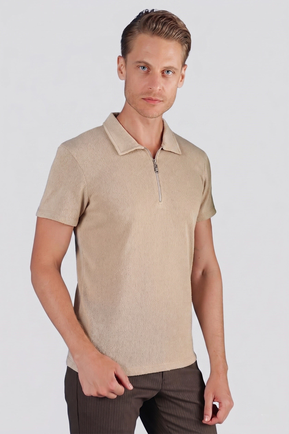 Slim Fit Pamuklu Fermuarlı Polo Yaka Bej Tişört Ts 871