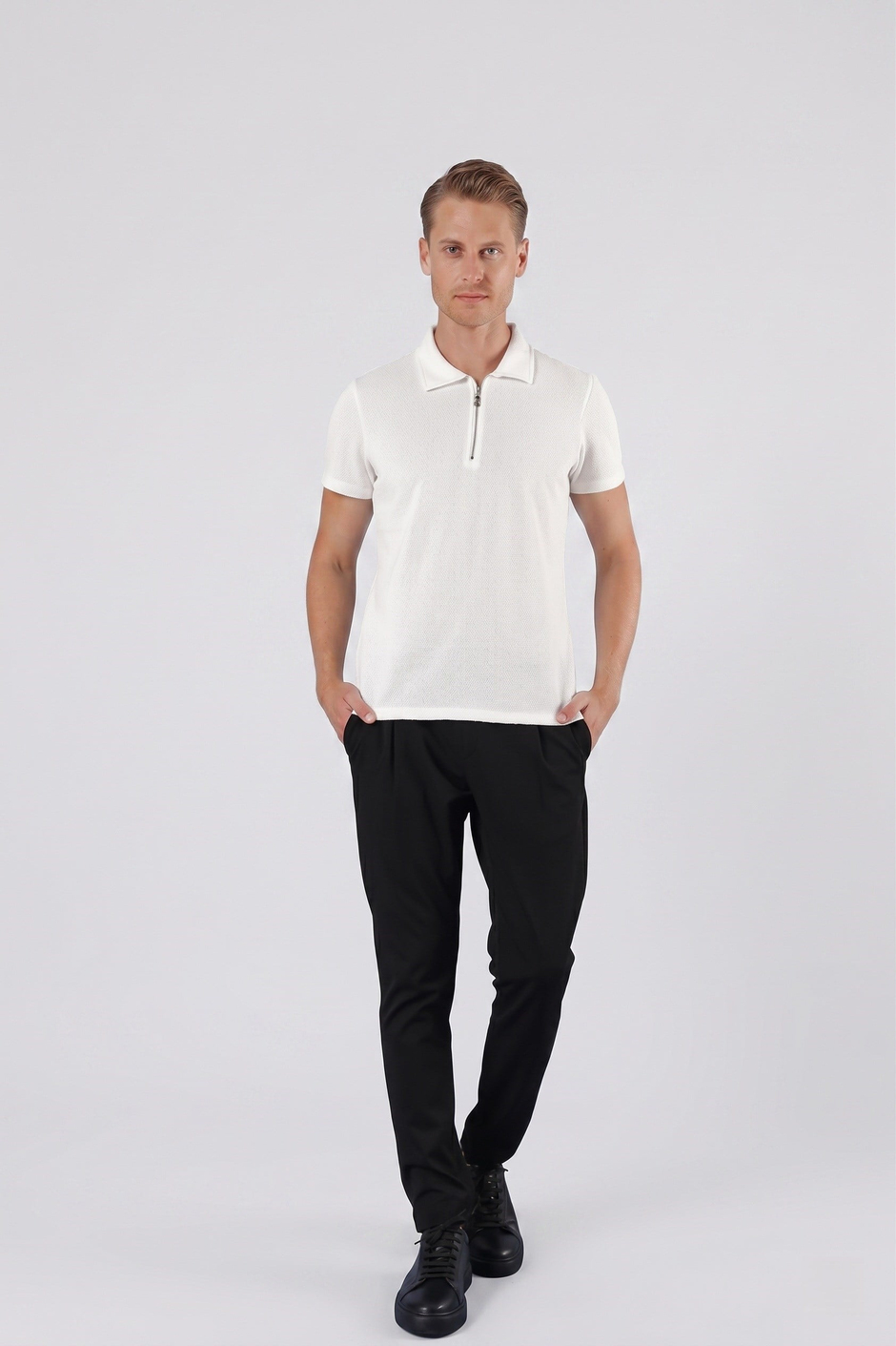 Slim Fit Pamuklu Fermuarlı Polo Yaka Ekru Tişört Ts 871