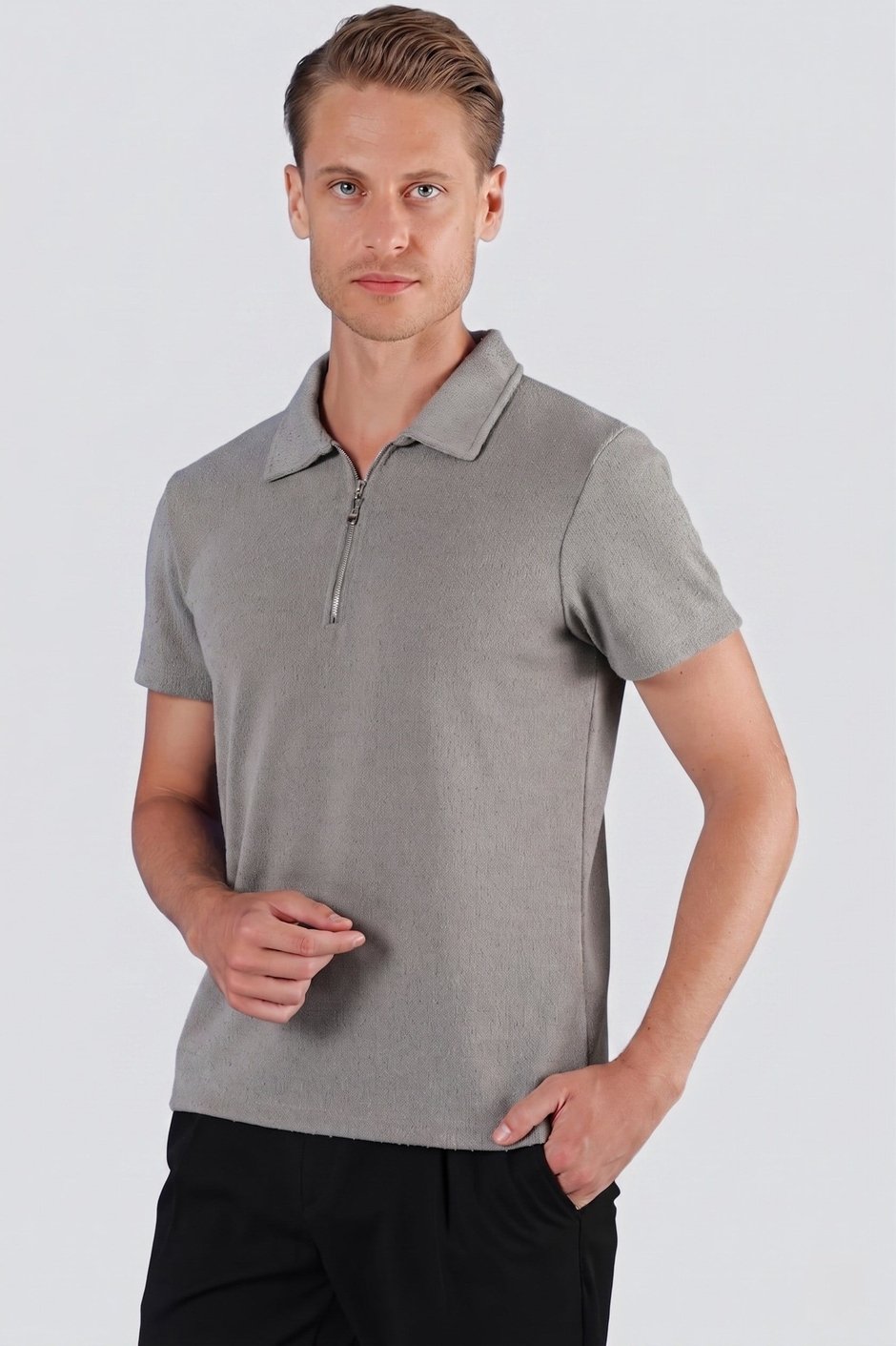 Slim Fit Pamuklu Fermuarlı Polo Yaka Gri Tişört Ts 871