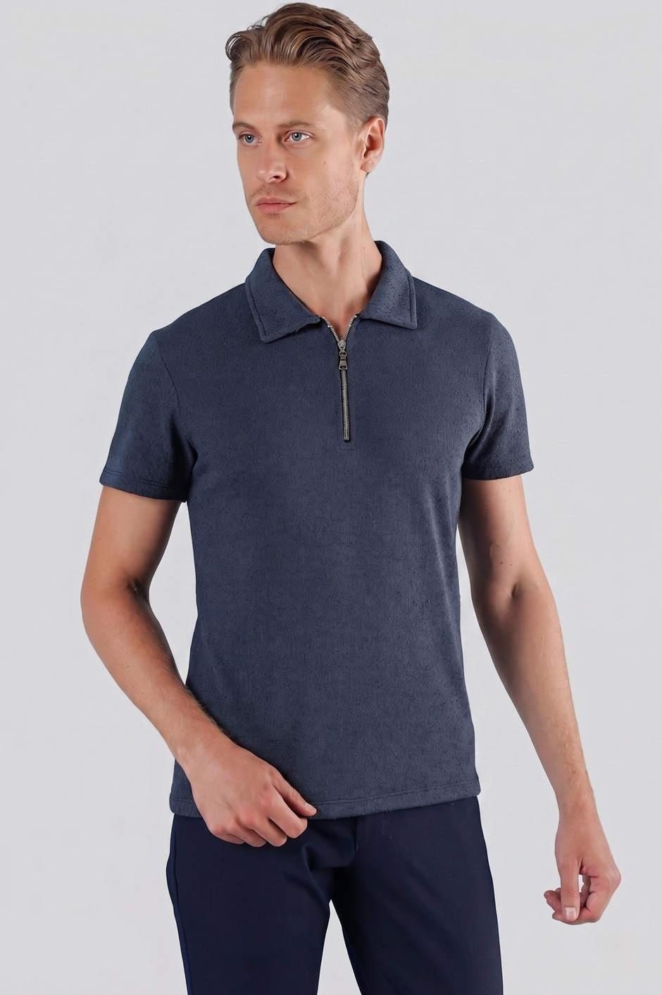 Slim Fit Pamuklu Fermuarlı Polo Yaka İndigo Tişört Ts 871