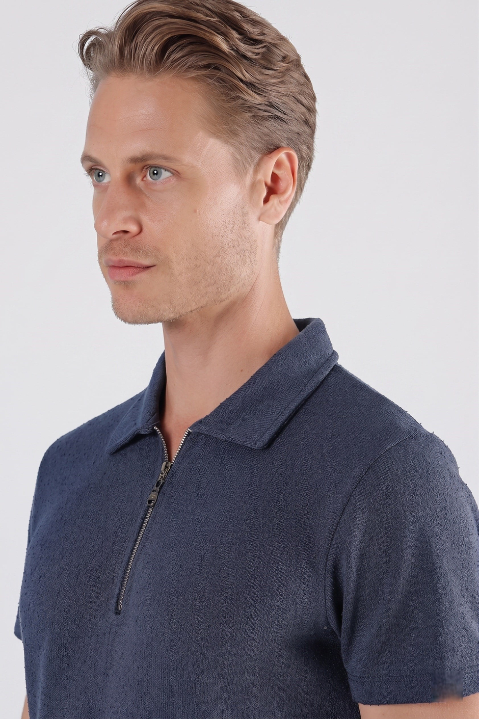 Slim Fit Pamuklu Fermuarlı Polo Yaka İndigo Tişört Ts 871