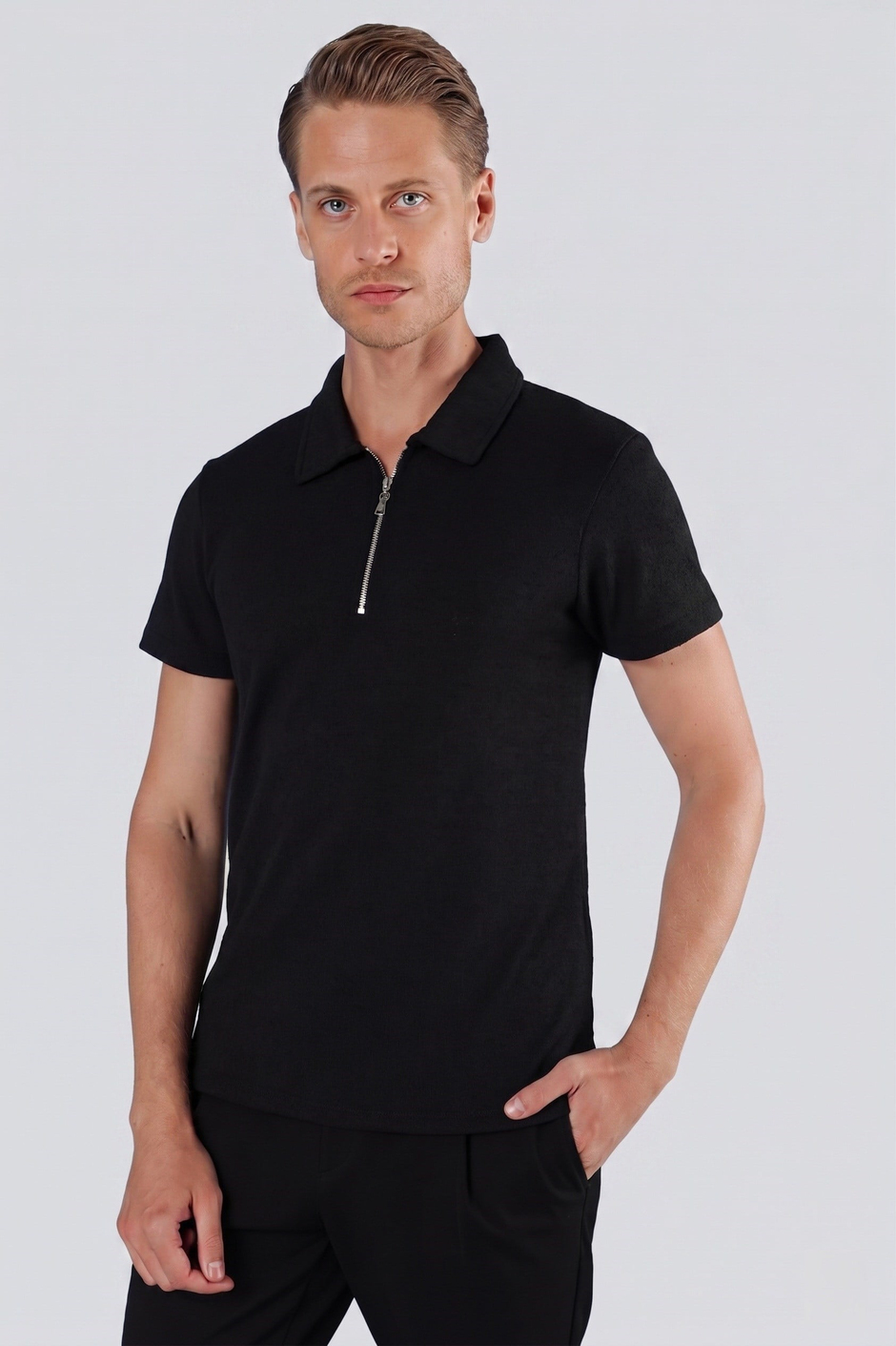 Slim Fit Pamuklu Fermuarlı Polo Yaka Siyah Tişört Ts 871