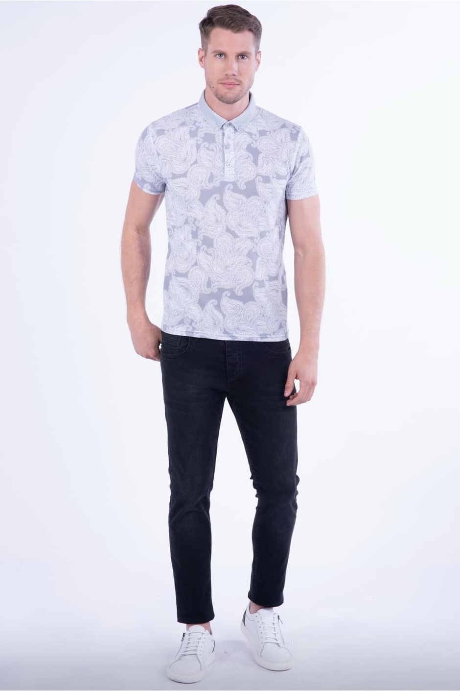 Slim Fit Pamuklu Karma Desenli Gri Polo Yaka Tişört TS 805