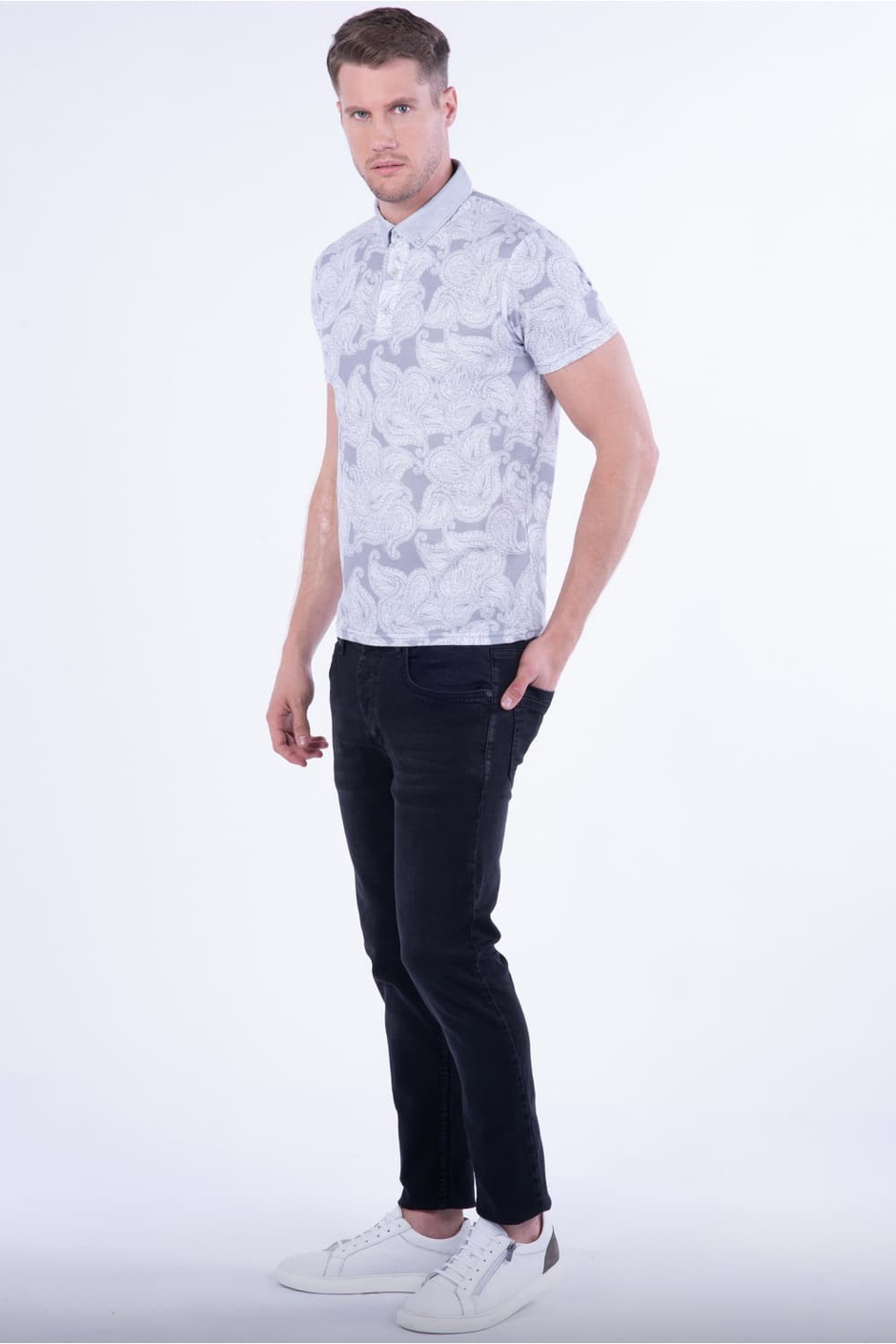 Slim Fit Pamuklu Karma Desenli Gri Polo Yaka Tişört TS 805