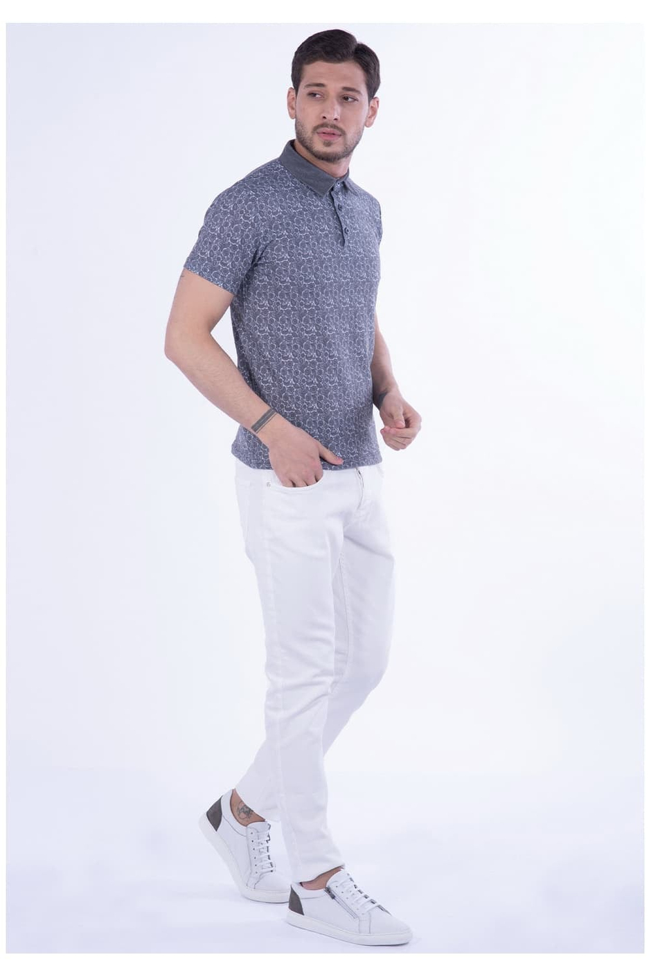Slim Fit Pamuklu Karma Desenli Siyah Polo Yaka Tişört TS 799