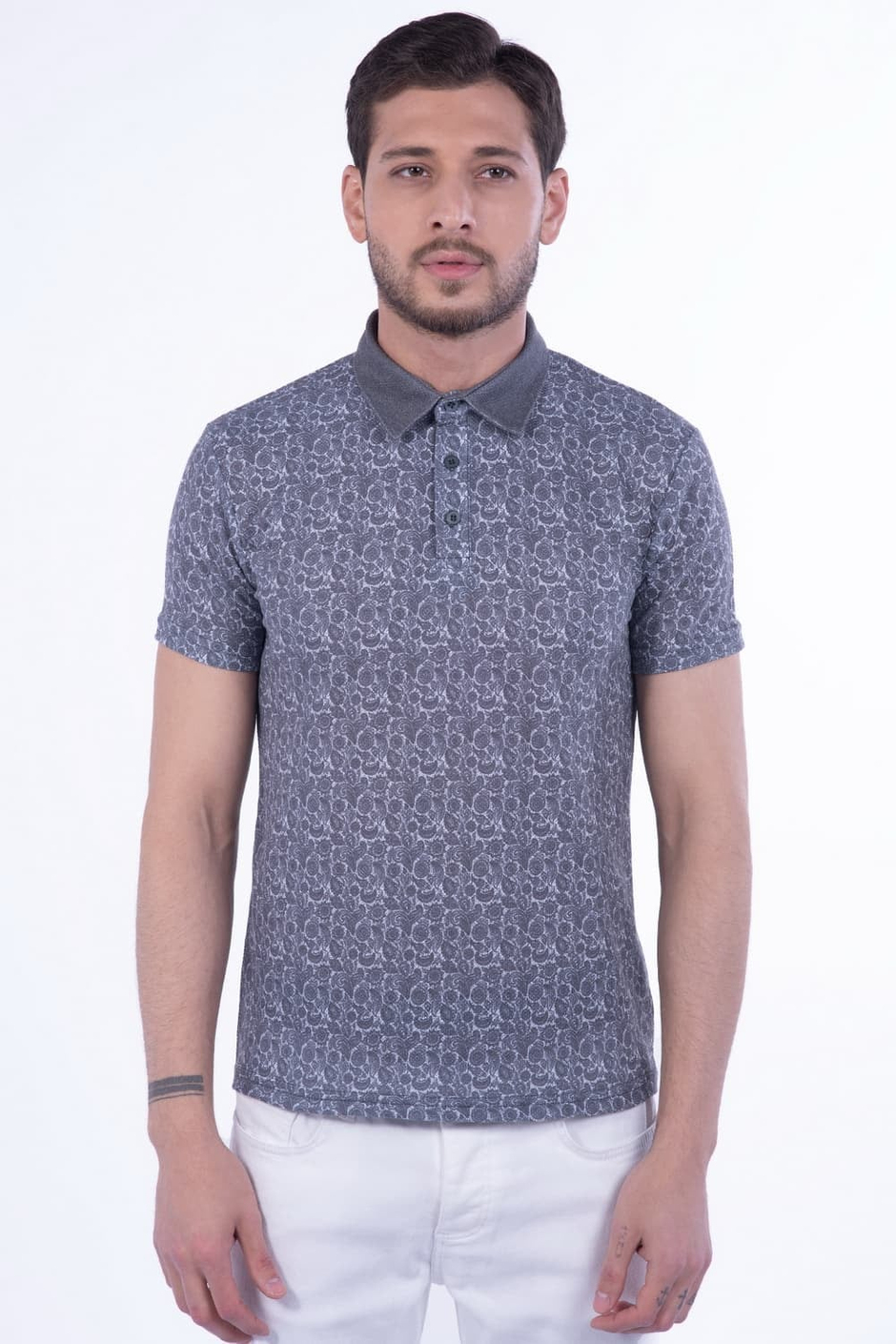 Slim Fit Pamuklu Karma Desenli Siyah Polo Yaka Tişört TS 799