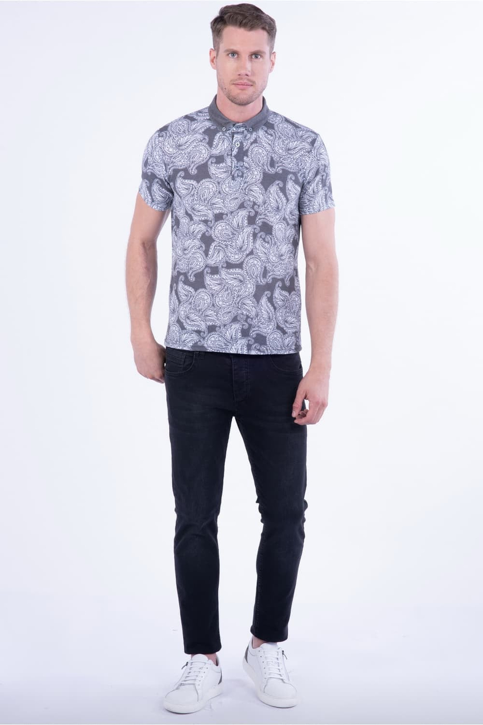 Slim Fit Pamuklu Karma Desenli Siyah Polo Yaka Tişört TS 805
