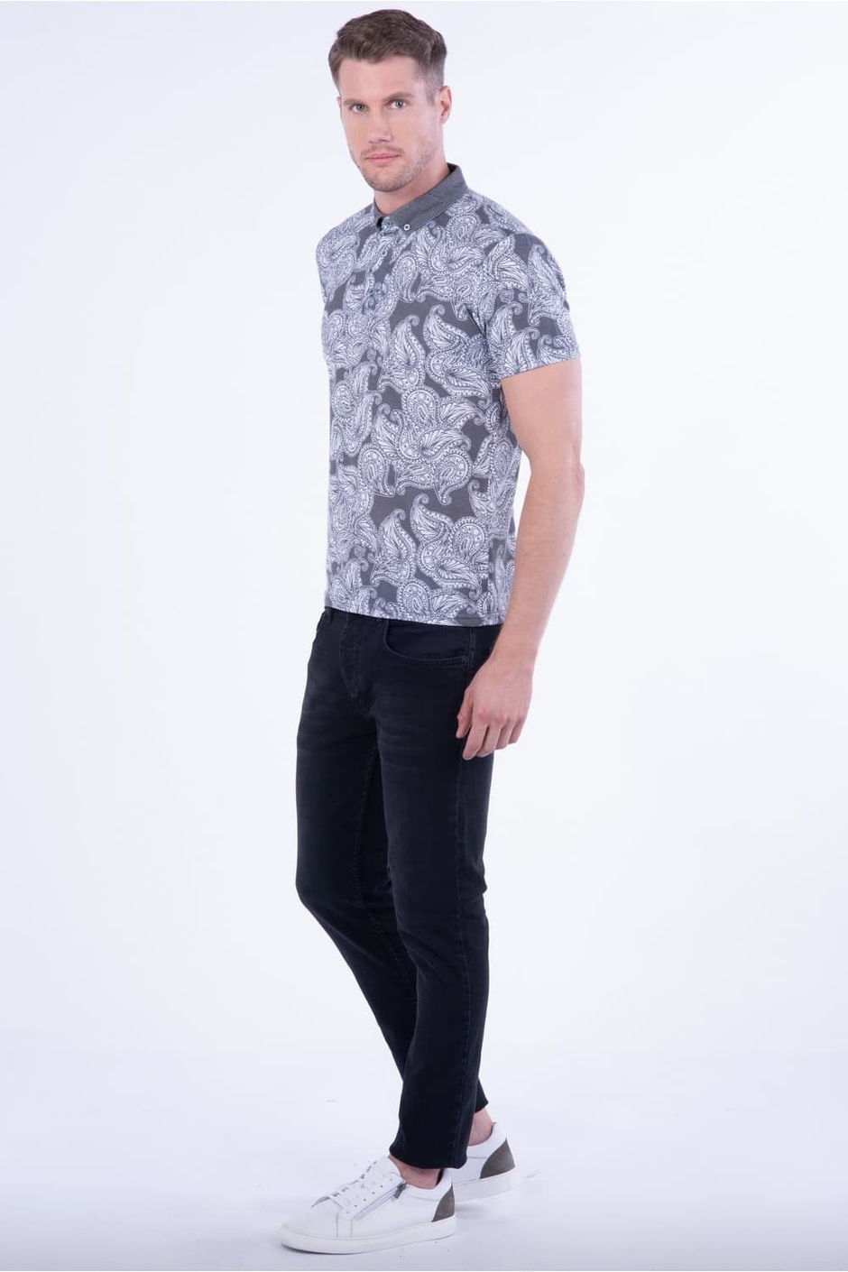 Slim Fit Pamuklu Karma Desenli Siyah Polo Yaka Tişört TS 805