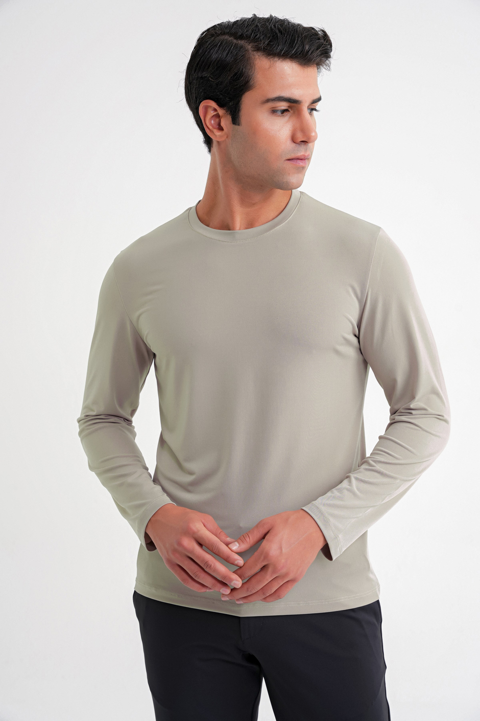 Slim Fit Pamuklu Kumaş Uzun Kollu Bej Tişört TS 917