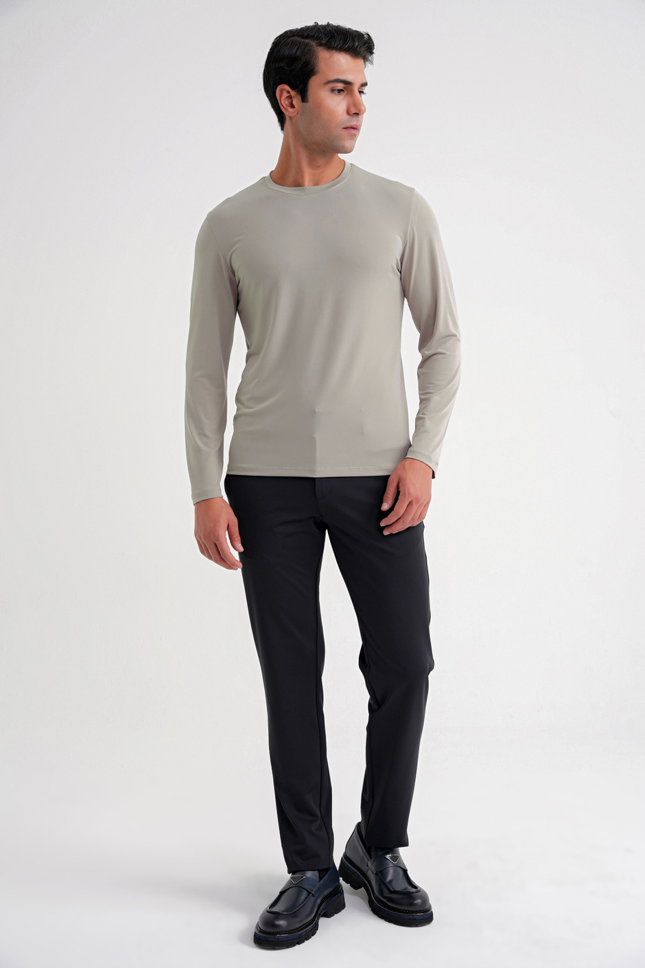 Slim Fit Pamuklu Kumaş Uzun Kollu Bej Tişört TS 917