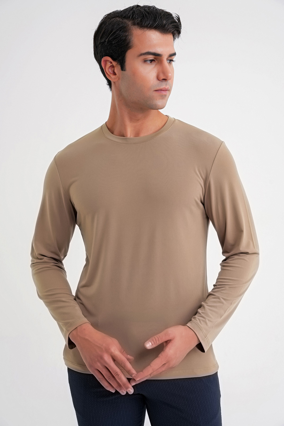 Slim Fit Pamuklu Kumaş Uzun Kollu Vizon Tişört TS 917