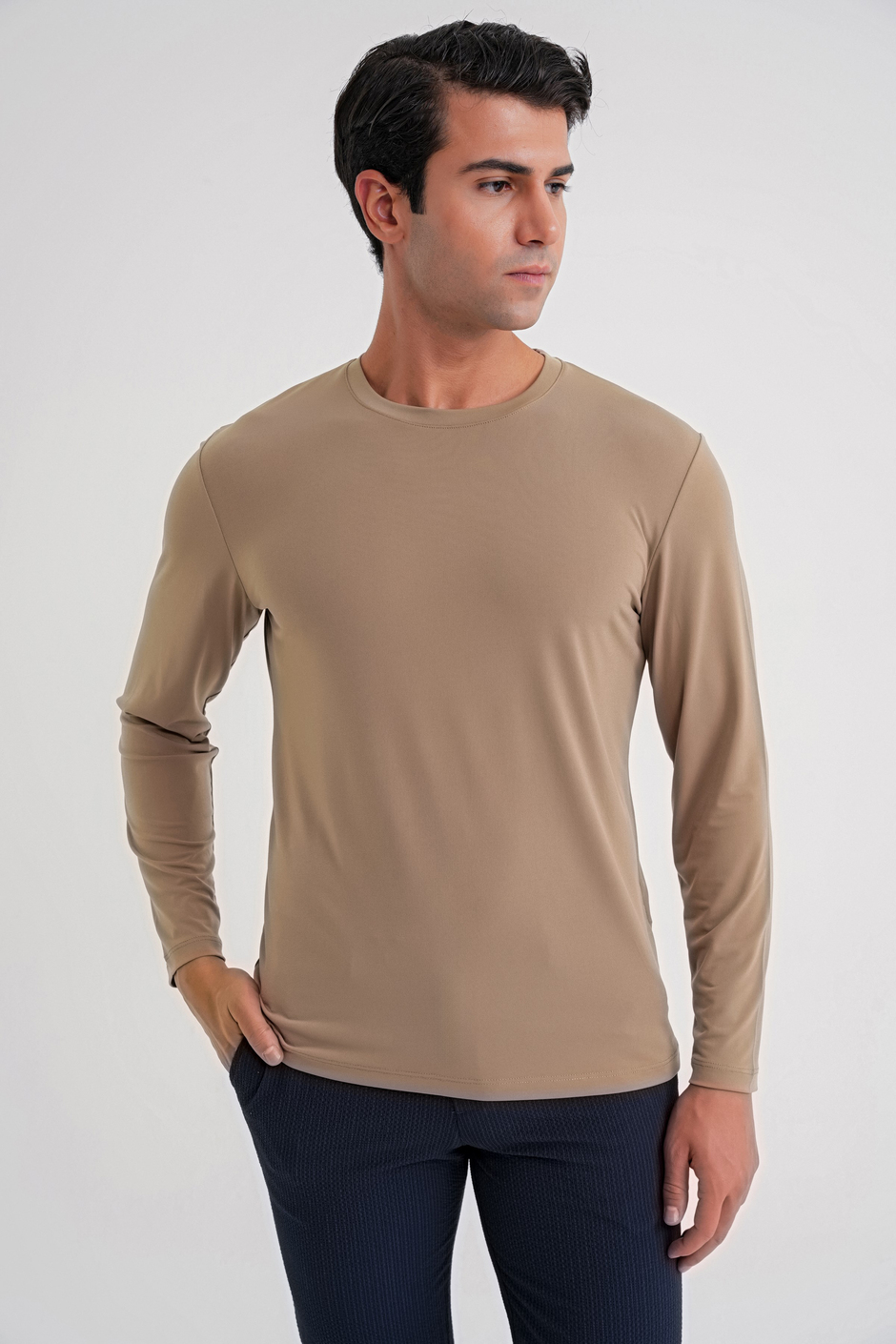 Slim Fit Pamuklu Kumaş Uzun Kollu Vizon Tişört TS 917