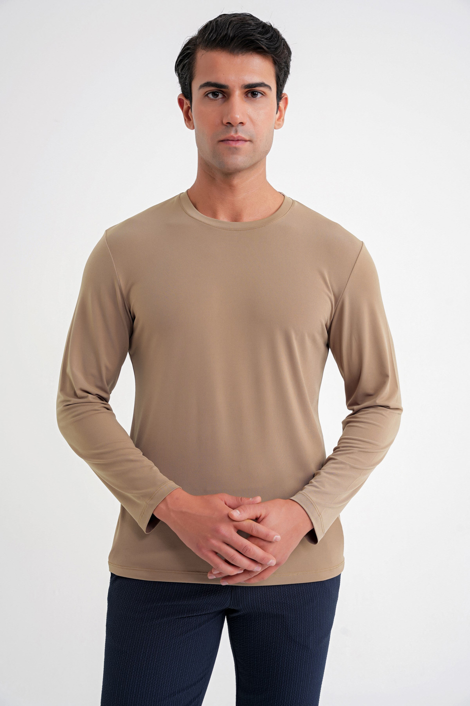 Slim Fit Pamuklu Kumaş Uzun Kollu Vizon Tişört TS 917