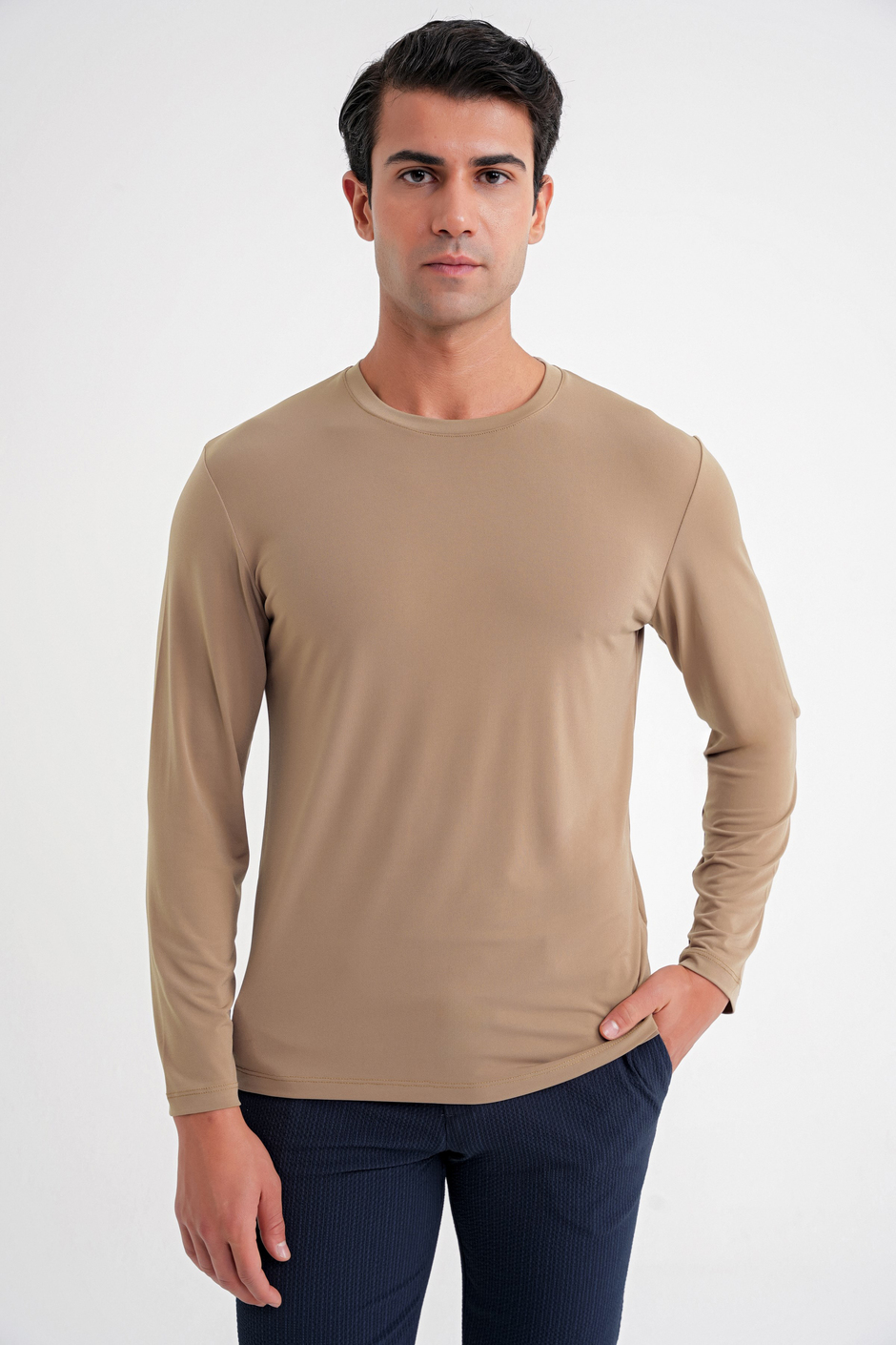 Slim Fit Pamuklu Kumaş Uzun Kollu Vizon Tişört TS 917