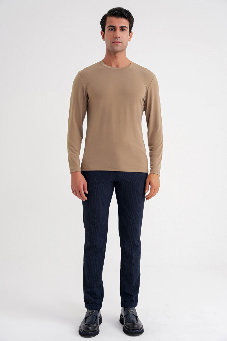 Slim Fit Pamuklu Kumaş Uzun Kollu Vizon Tişört TS 917