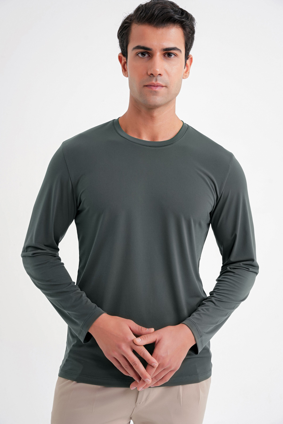 Slim Fit Pamuklu Kumaş Uzun Kollu Yeşil Tişört TS 917