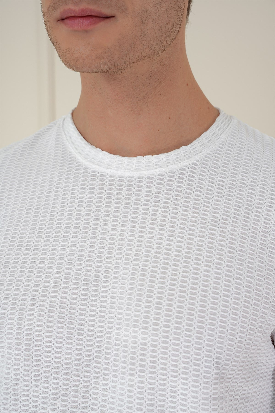 Slim Fit Pamuklu Petek Dokuma Uzun Kollu Polo Yaka Beyaz Tişört TS 891