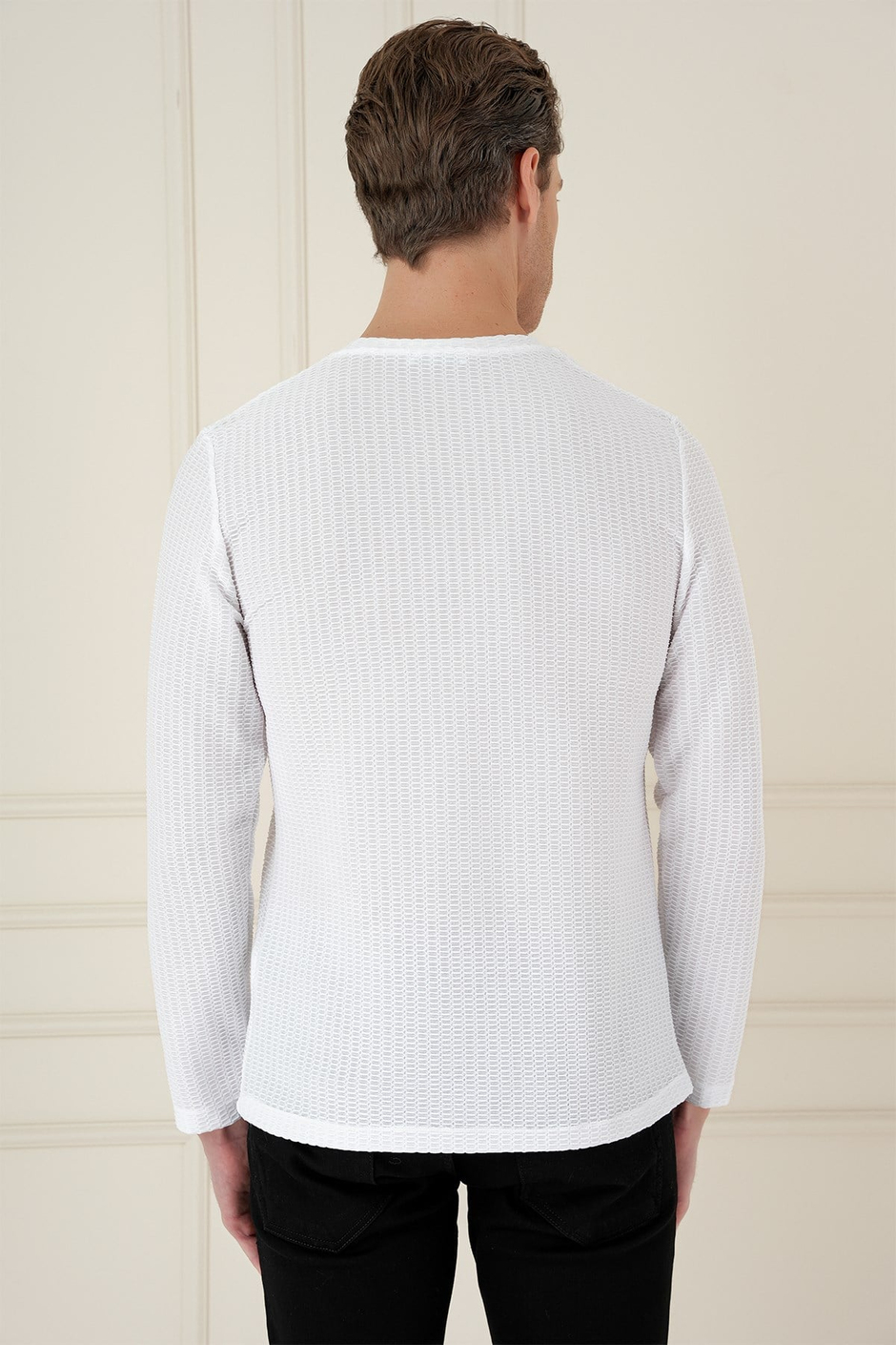 Slim Fit Pamuklu Petek Dokuma Uzun Kollu Polo Yaka Beyaz Tişört TS 891