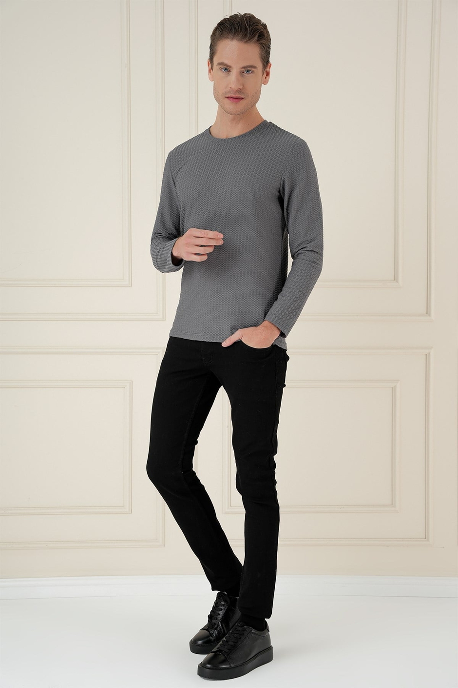 Slim Fit Pamuklu Petek Dokuma Uzun Kollu Polo Yaka Gri Tişört TS 891
