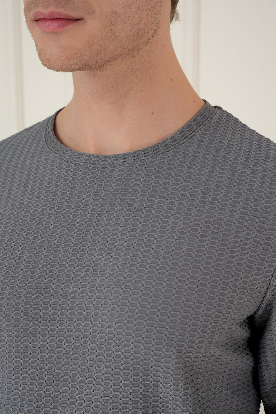 Slim Fit Pamuklu Petek Dokuma Uzun Kollu Polo Yaka Gri Tişört TS 891