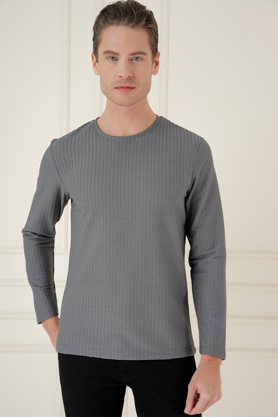 Slim Fit Pamuklu Petek Dokuma Uzun Kollu Polo Yaka Gri Tişört TS 891