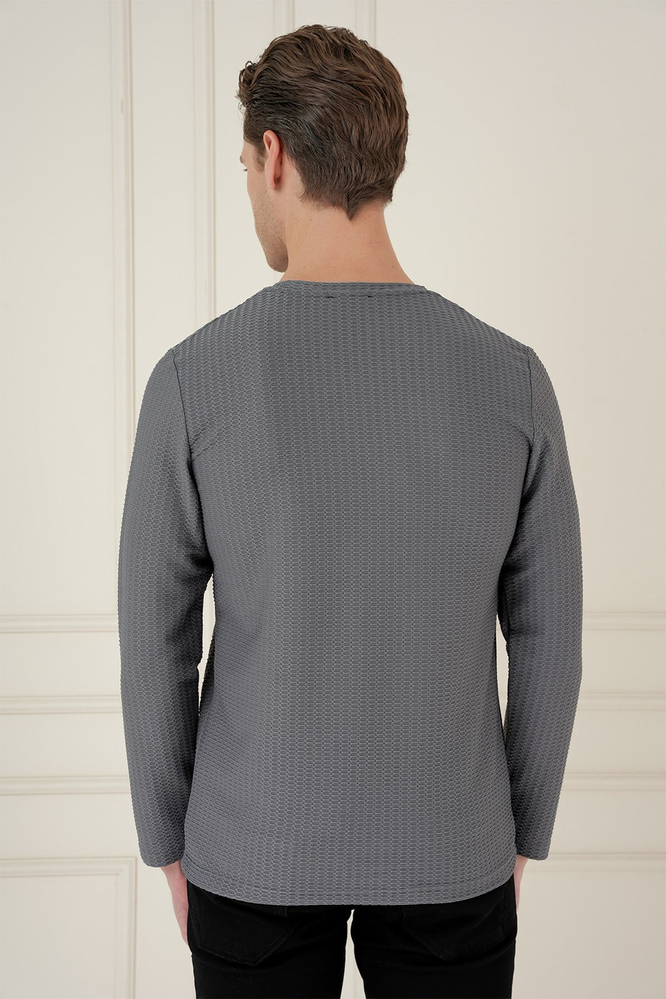 Slim Fit Pamuklu Petek Dokuma Uzun Kollu Polo Yaka Gri Tişört TS 891