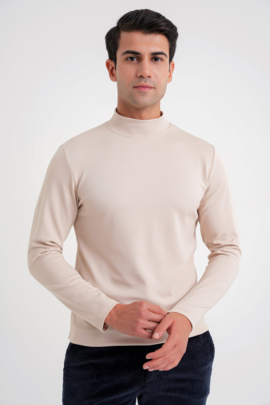 Slim Fit Pamuklu Uzun Kollu Bej Yarım Boğazlı Tişört TS 894
