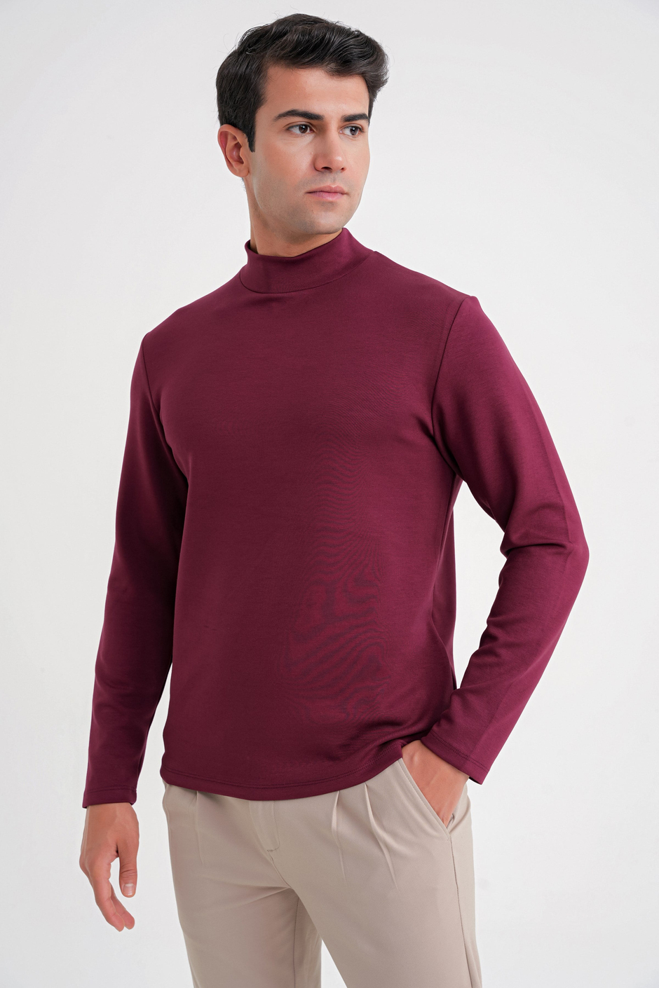 Slim Fit Pamuklu Uzun Kollu Bordo Yarım Boğazlı Tişört TS 894