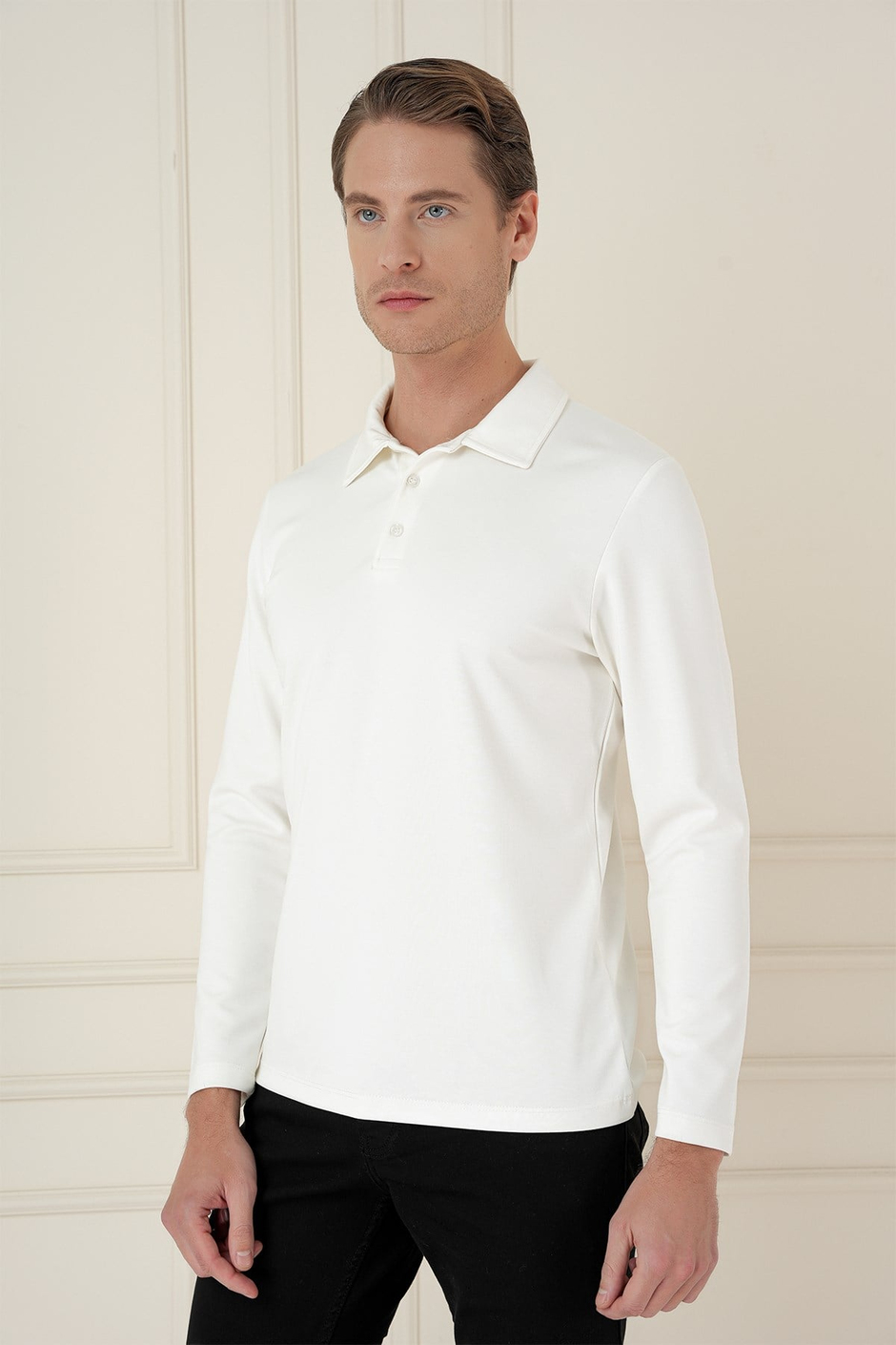 Slim Fit Pamuklu Uzun Kollu Düğmeli Ekru Polo Yaka Tişört TS 893