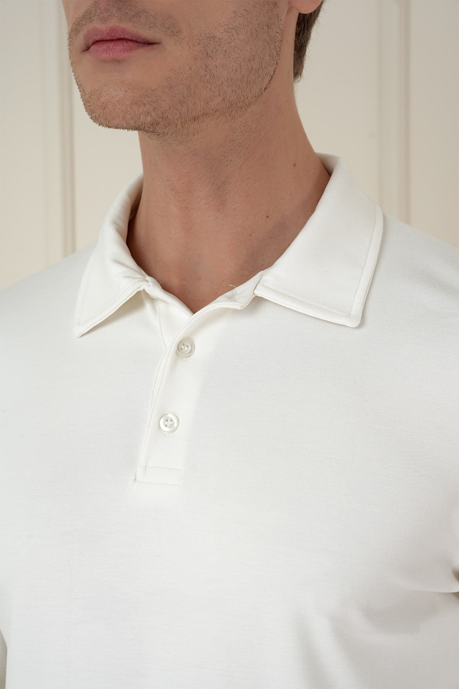 Slim Fit Pamuklu Uzun Kollu Düğmeli Ekru Polo Yaka Tişört TS 893