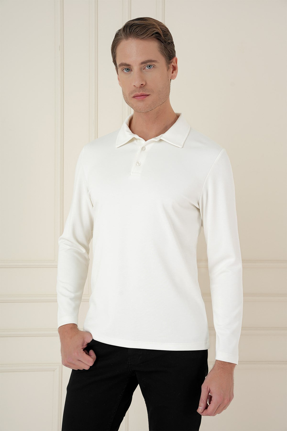 Slim Fit Pamuklu Uzun Kollu Düğmeli Ekru Polo Yaka Tişört TS 893