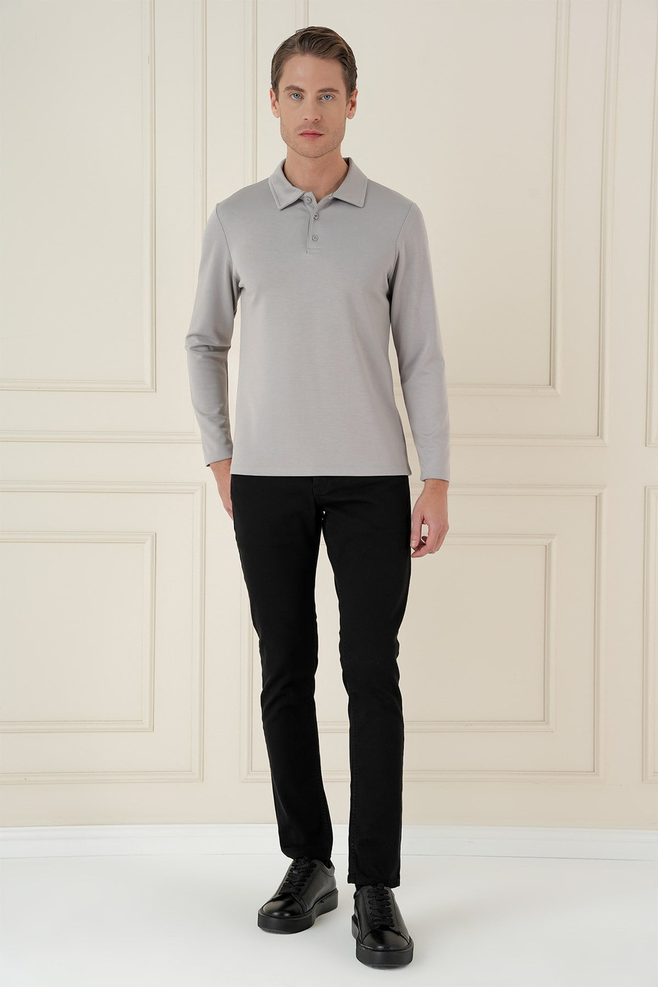 Slim Fit Pamuklu Uzun Kollu Düğmeli Gri Polo Yaka Tişört TS 893