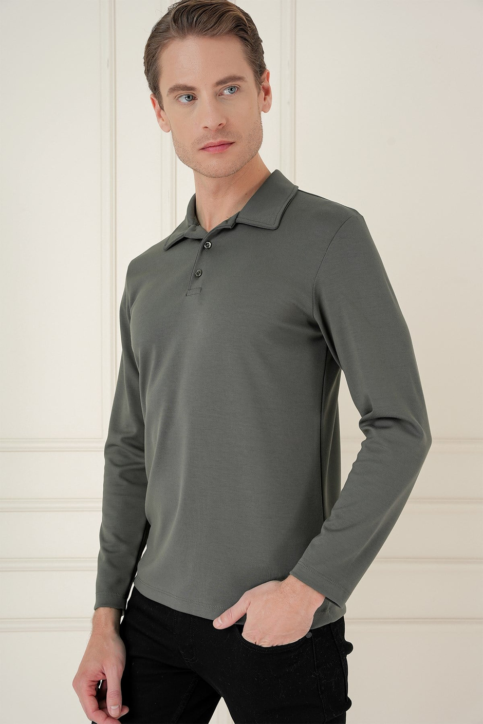Slim Fit Pamuklu Uzun Kollu Düğmeli Haki Polo Yaka Tişört TS 893