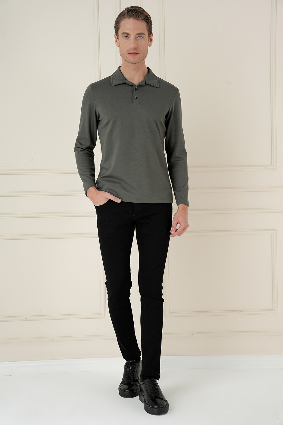 Slim Fit Pamuklu Uzun Kollu Düğmeli Haki Polo Yaka Tişört TS 893