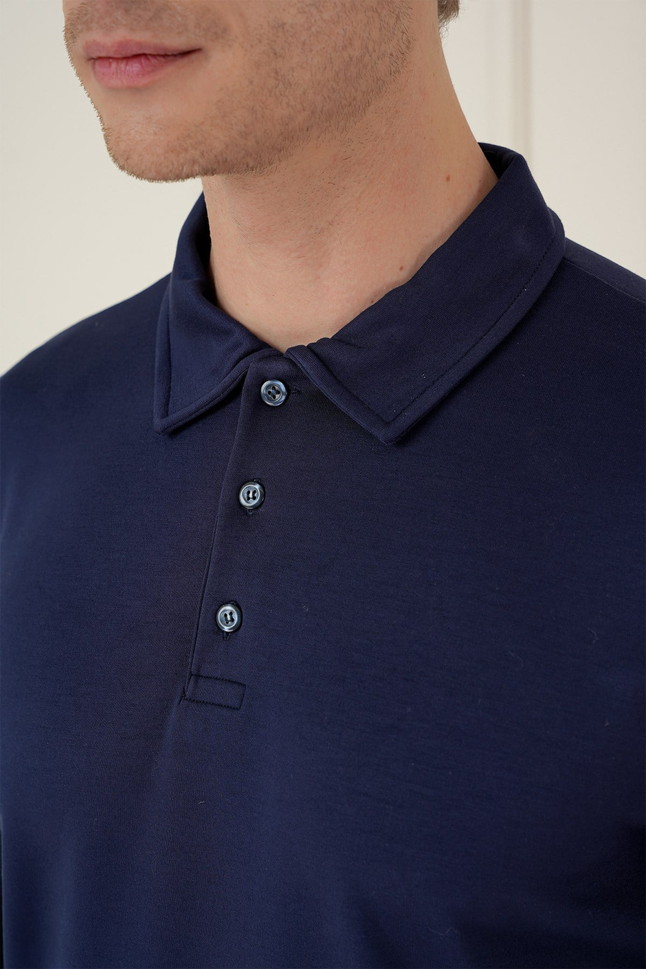 Slim Fit Pamuklu Uzun Kollu Düğmeli Lacivert Polo Yaka Tişört TS 893