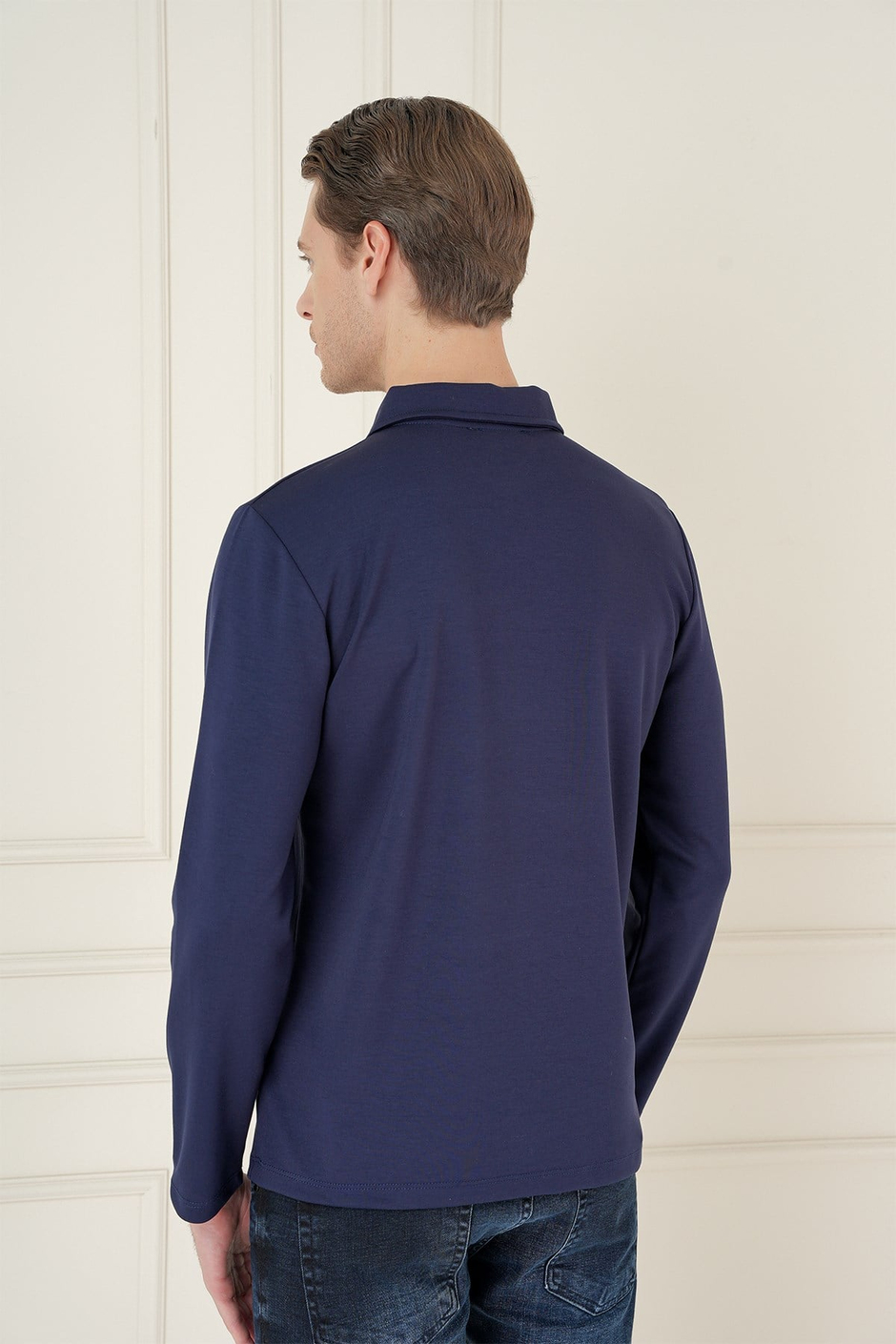 Slim Fit Pamuklu Uzun Kollu Düğmeli Lacivert Polo Yaka Tişört TS 893