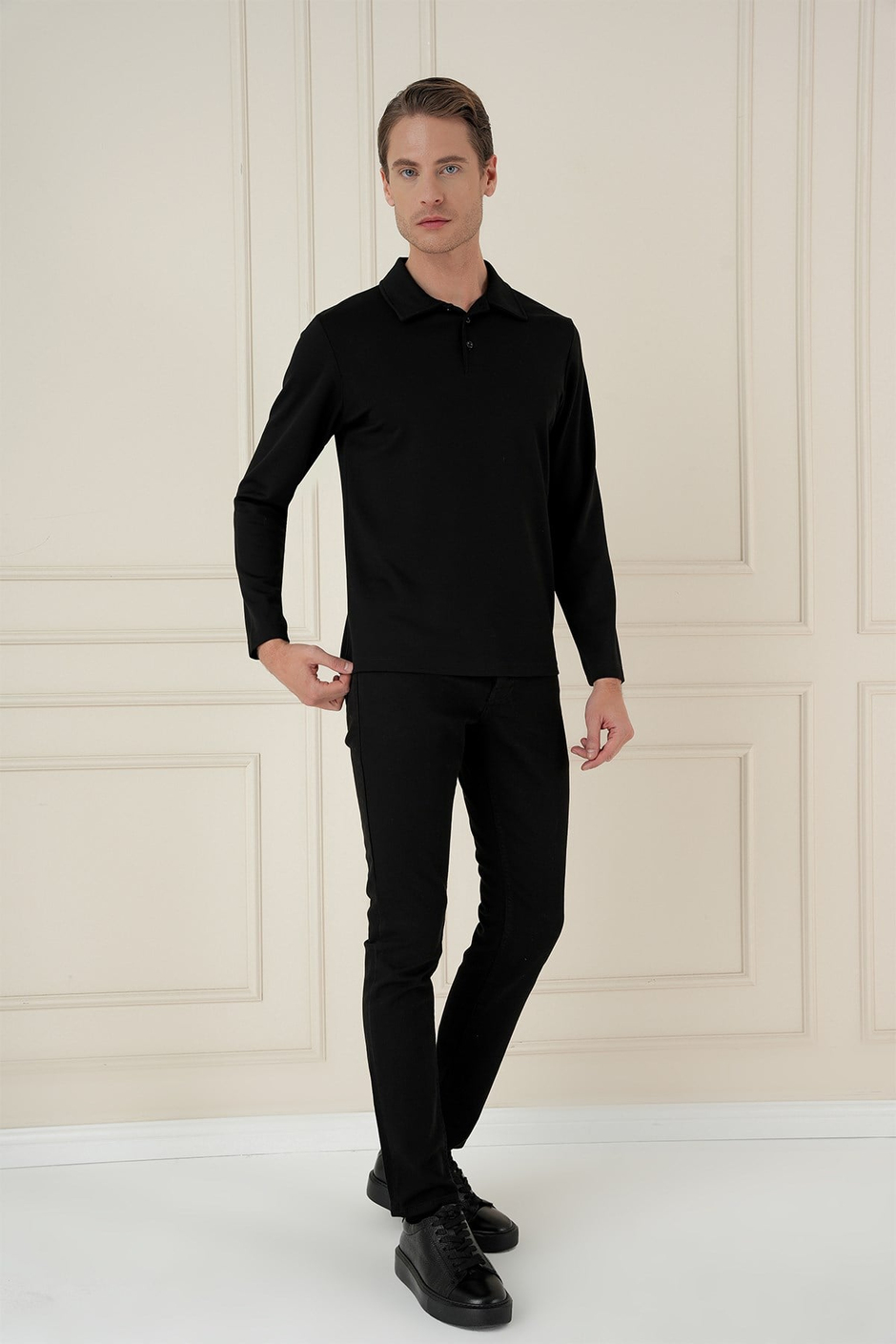 Slim Fit Pamuklu Uzun Kollu Düğmeli Siyah Polo Yaka Tişört TS 893