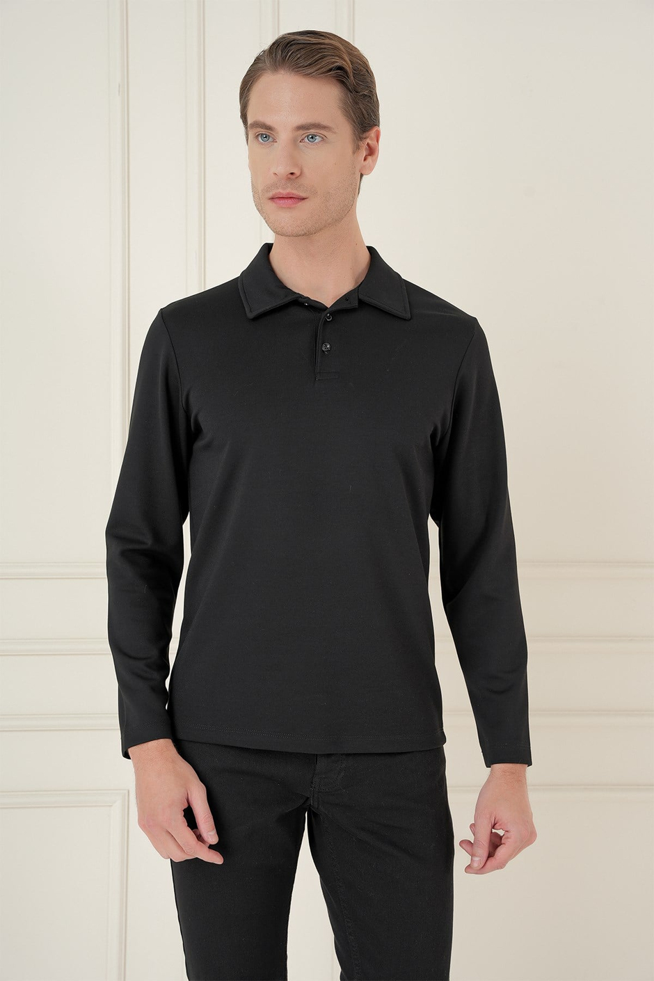 Slim Fit Pamuklu Uzun Kollu Düğmeli Siyah Polo Yaka Tişört TS 893