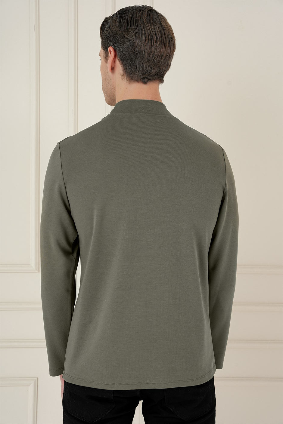 Slim Fit Pamuklu Uzun Kollu Haki Yarım Boğazlı Tişört TS 894
