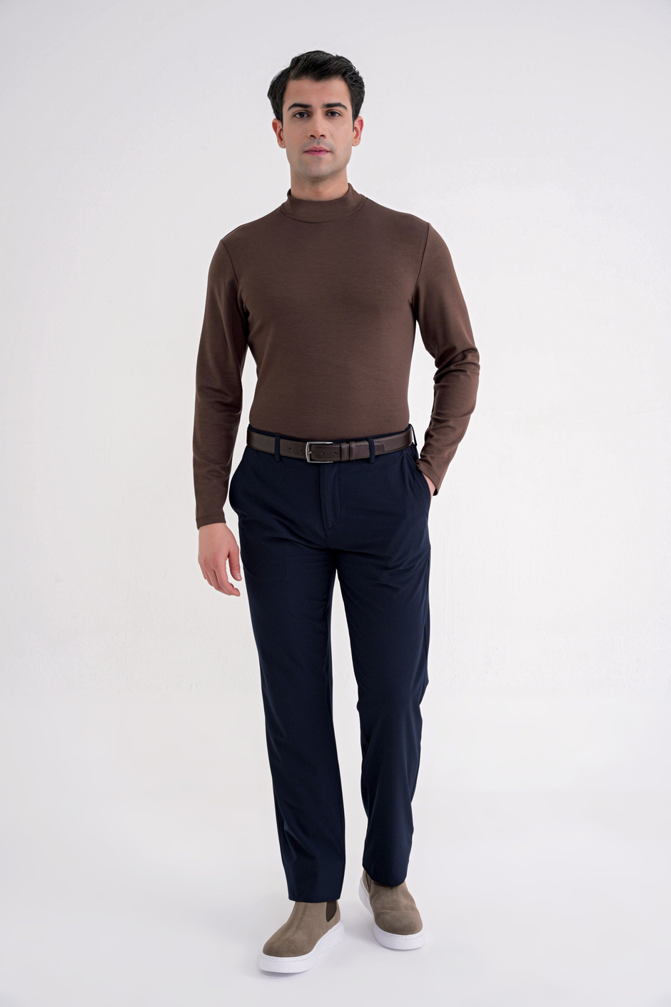 Slim Fit Pamuklu Uzun Kollu Kakao Yarım Boğazlı Tişört TS 894