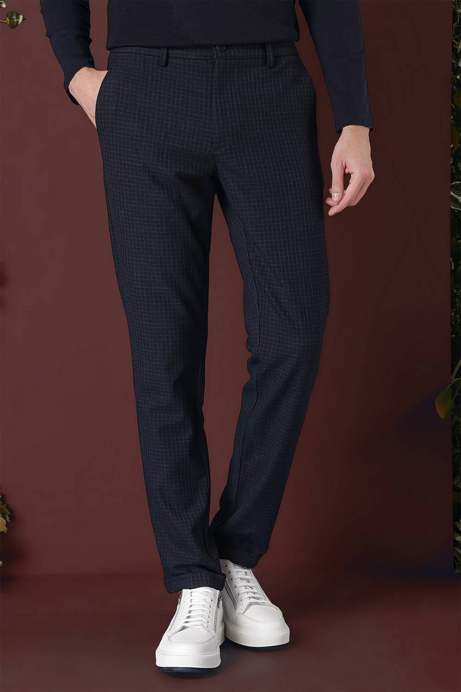 Slim Fit Pileli Beli Lastikli Pötikareli Esnek Pamuk Lacivert Pantolon P 1141