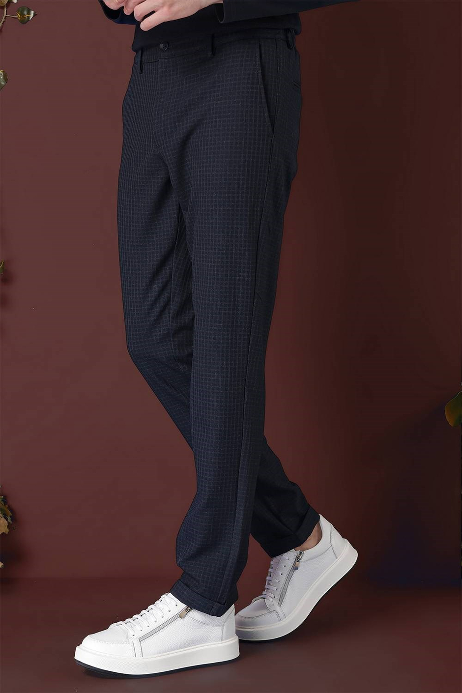 Slim Fit Pileli Beli Lastikli Pötikareli Esnek Pamuk Lacivert Pantolon P 1141