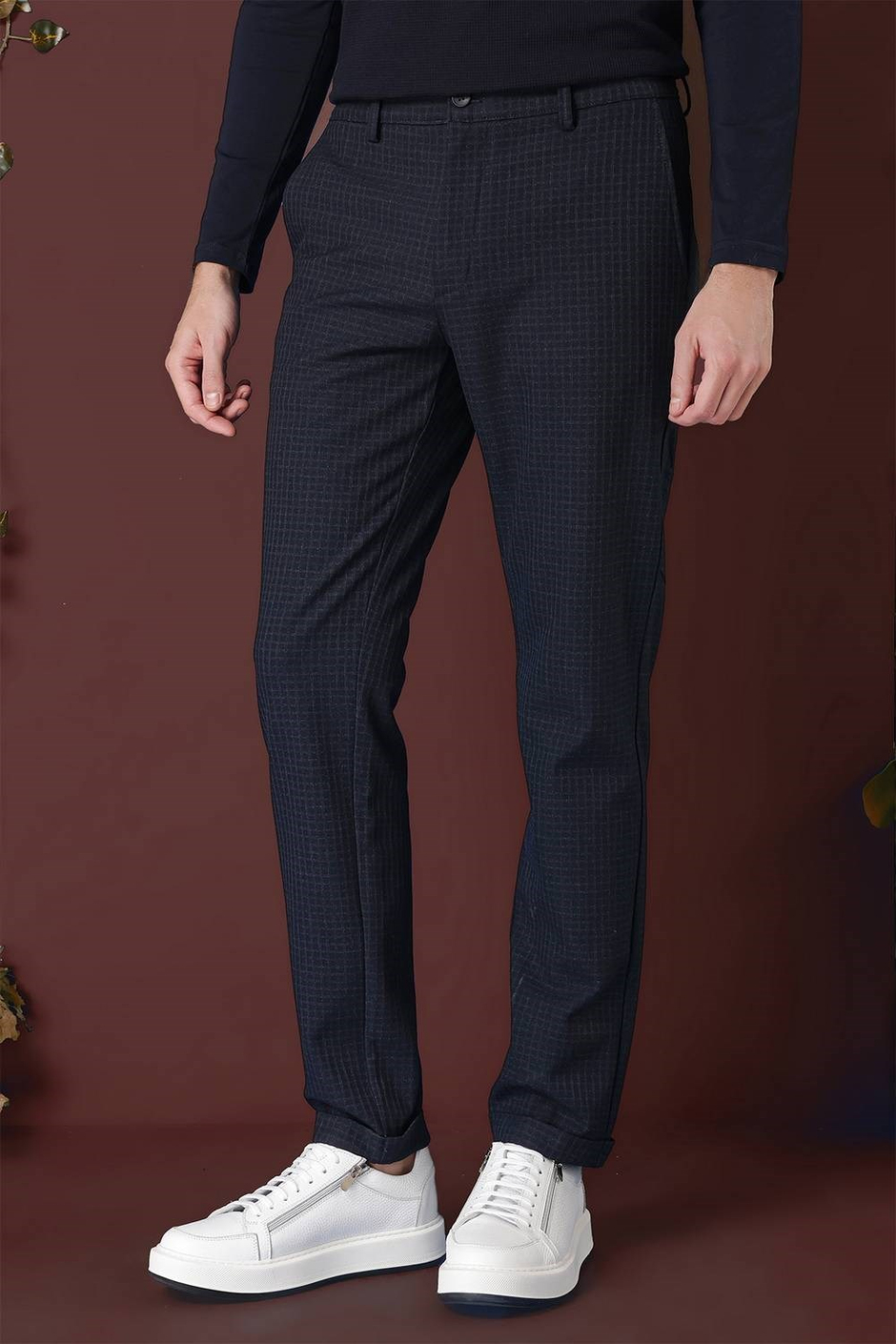 Slim Fit Pileli Beli Lastikli Pötikareli Esnek Pamuk Lacivert Pantolon P 1141