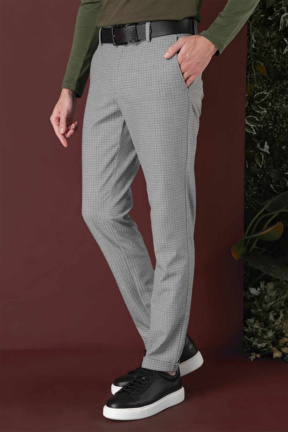 Slim Fit Pileli Beli Lastikli Pötikareli Esnek Pamuk Gri Pantolon P 1141