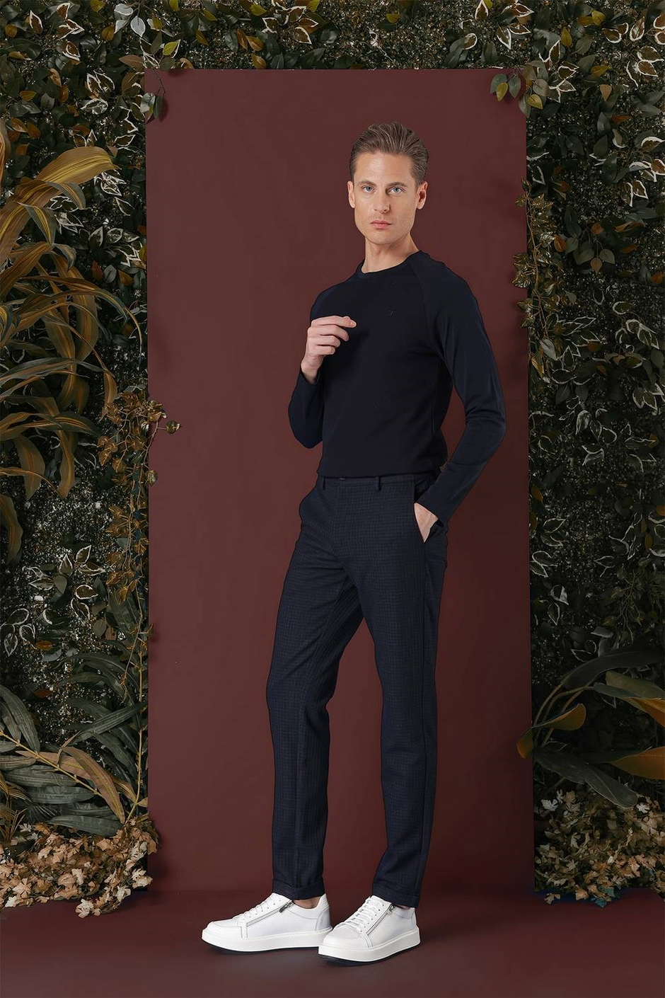 Slim Fit Pileli Beli Lastikli Pötikareli Esnek Pamuk Lacivert Pantolon P 1141
