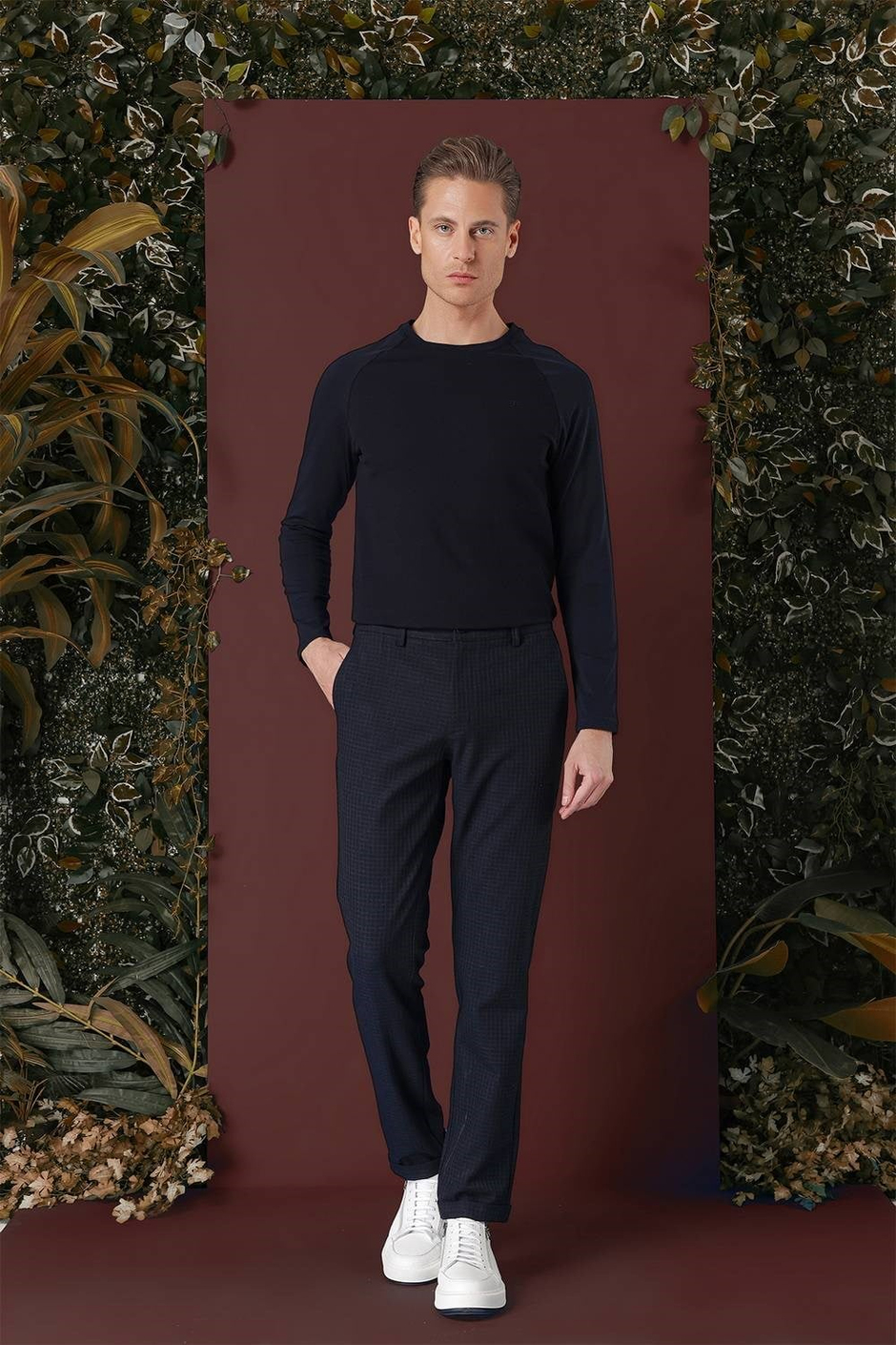 Slim Fit Pileli Beli Lastikli Pötikareli Esnek Pamuk Lacivert Pantolon P 1141