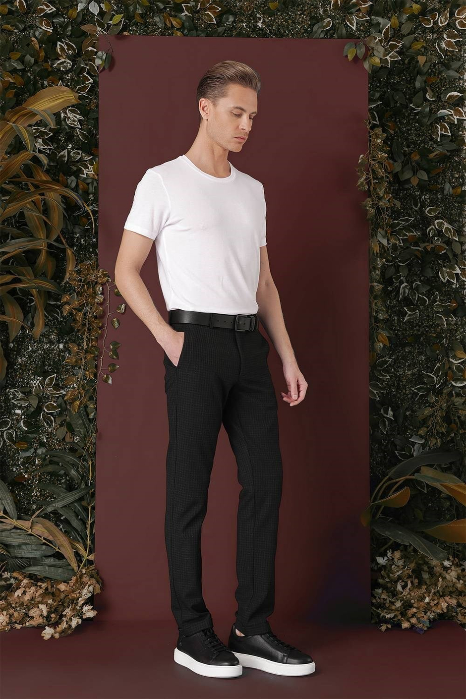 Slim Fit Pileli Beli Lastikli Pötikareli Esnek Pamuk Siyah Pantolon P 1141