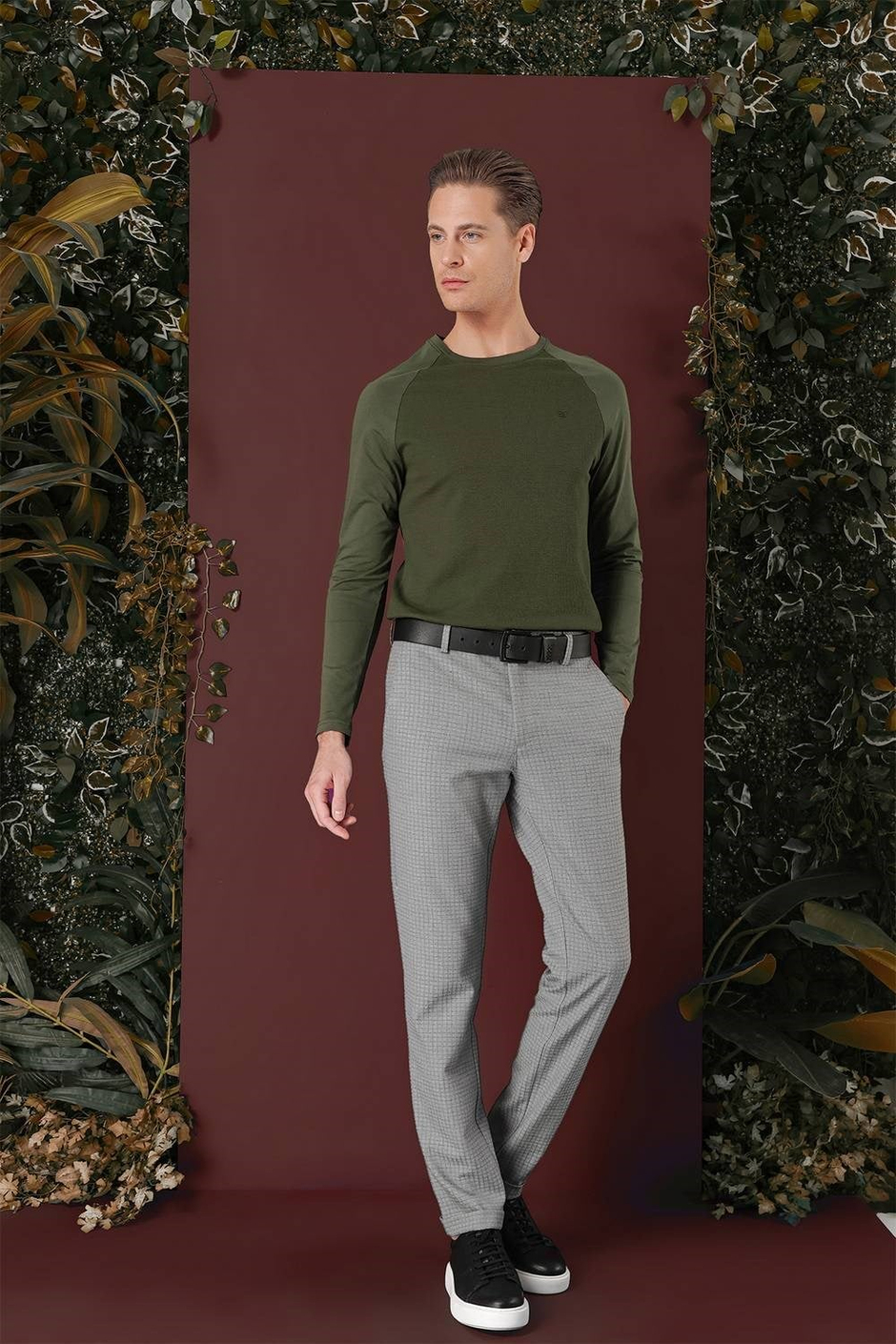 Slim Fit Pileli Beli Lastikli Pötikareli Esnek Pamuk Gri Pantolon P 1141
