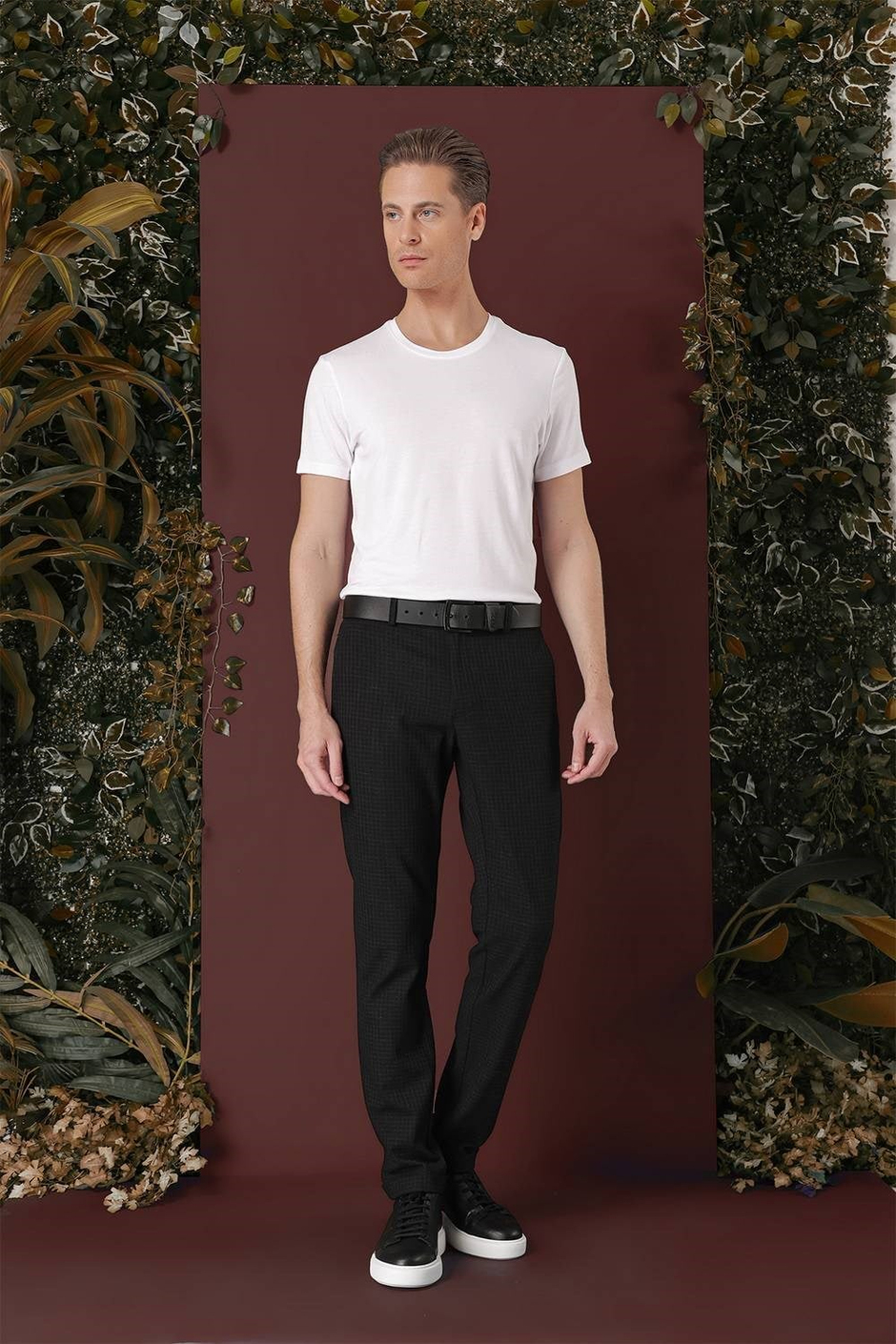 Slim Fit Pileli Beli Lastikli Pötikareli Esnek Pamuk Siyah Pantolon P 1141